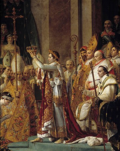 Napoleons rite. Detalj av Napoleon som bär kronan under kejsar Napoleon I Bonapartes sakra och kröningen av Imperatrice Josephine vid Notre-Dame de Paris den 2 december av Jacques Louis David