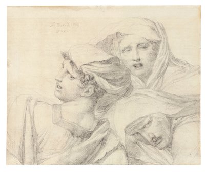 Tre kvinnor i klassisk klädsel, bystlängd, med ångestfyllda uttryck, 1819 av Jacques Louis David
