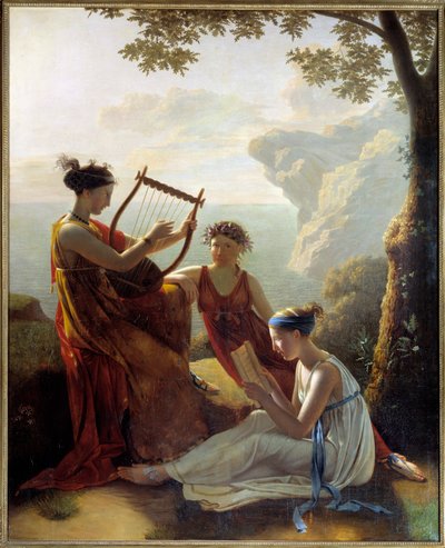 Den grekiske poeten Sapho (Sappho) spelar lyra och två av hennes följeslagare Målning av Jacques Louis Grandin (1780-?) 1808 Paris, Musee Marmottan av Jacques Louis Michel Grandin