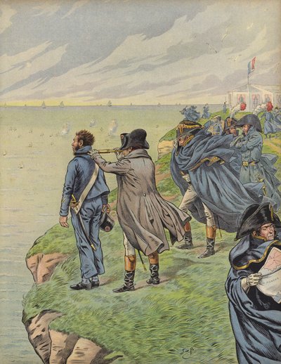 Napoleon Bonaparte övervakar sin flotta när de avgår från Boulogne av Jacques Marie Gaston Onfray de Breville (Job)