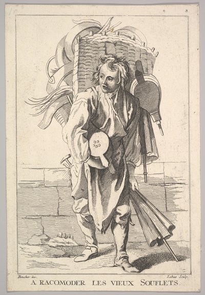 Omvänd kopia av A Racomoder les Vieux Souflets Mend the Old Bellows, från Le Cri..., 1700-talet. av Jacques Philippe Le Bas