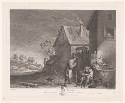 Två män och en kvinna framför brunnen på en gård La Ferme (titel på objekt) av Jacques Philippe Le Bas
