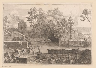 Landskap med sjö och tre vaxande kvinnor av Jacques Prou