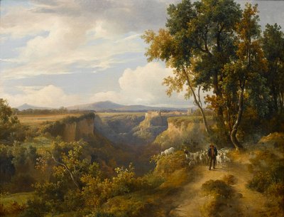 En getherde och hans flock i ett italienskt landskap, möjligen Faleria av Jacques Raymond Brascassat