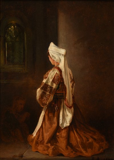 Ung romersk kvinna ber i en kyrka av Jacques Raymond Brascassat