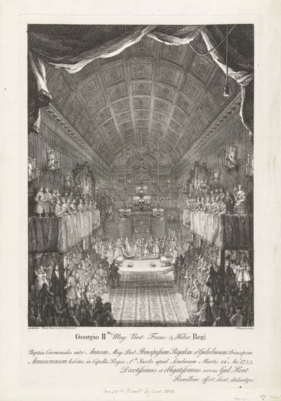 Huwelijk van Willem IV träffade prinsessan Anna, 1734 George II Mag: Brit: Franc: & Hiber. Kungens bröllopsceremoni mellan Anne (...) och William (...) Tisdag 14:e år: 1733 (...) (titel på objekt) av Jacques Rigaud