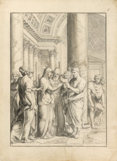 Jungfruns äktenskap, ca 1640 (penna & svart bläck, med pensel & grå & blekbrun tvätt & grafit, på stycken krämlagt papper) av Jacques Stella
