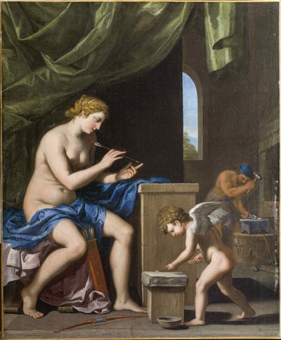 Vulcan smider pilarna för Cupid, ca. 1645. av Jacques Stella