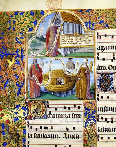 Ms 0412 miniatyrer som föreställer en allegorisk representation av kyrkan och under denna Moses håller i lagens tavlor med Noaks ark och en kvinna med ögonbindel som representerar de 