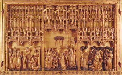 Altartavla av heliga och martyrer, central panel halshuggningen av St. Johannes Döparen, Martyrskapet av St. Katarina av Alexandria och St. Barbara och frestelsen av St. Anthony, ca 1391 (förgylld wo av Jacques de Baerze or Baers
