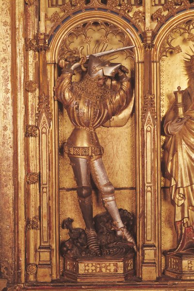 Korsfästelsens altartavla, detalj av St. George från den vänstra panelen, från Church of Chartreuse de Champmol, c.1391 (förgyllt trä) av Jacques de Baerze or Baers