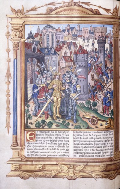 Upplyst manuskript föreställande en kung och hans armé framför en stad, 1503-04 av Jacques de Besancon