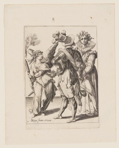 Cupido med ögonbindel som håller en fackla framför ett par, från Maskeraderna av Jacques de Gheyn II
