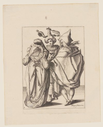 Ett par vänder sig till en gestikulerande ung man, ur Maskeraderna av Jacques de Gheyn II