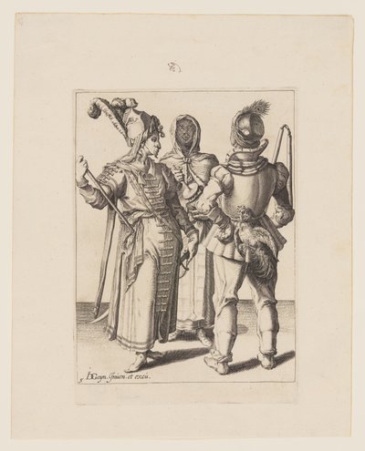 En storman i österländsk klädsel, en man med en kuk i bältet och en beslöjad kvinna som spelar på en rumlande kruka, ur Maskeraderna av Jacques de Gheyn II