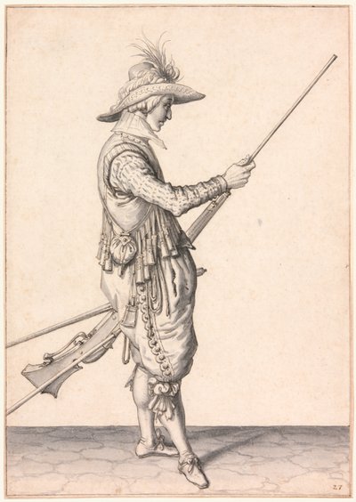En soldat laddar en musköt, "Ramme in Your Pouder" av Jacques de Gheyn II