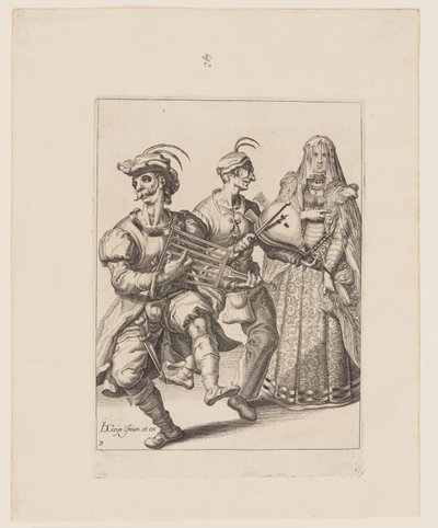 En beslöjad kvinna med två musiker som spelar på ett järn och en bälg, ur Maskeraderna av Jacques de Gheyn II
