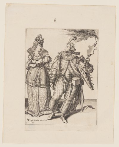 En kvinna ledd av en spelare med fackla, från Maskeraderna av Jacques de Gheyn II