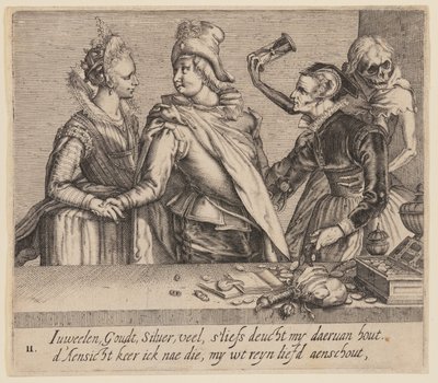 En ung man mellan en ung kvinna och en gammal kvinna, från Unequal Lovers av Jacques de Gheyn II