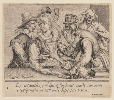 En ung kvinna mellan en ung man och en gammal man, från Unequal Lovers av Jacques de Gheyn II