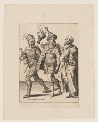 En gammal mumie tilltalar ett par klädda i löv och fågelfjädrar, ur Maskeraderna av Jacques de Gheyn II