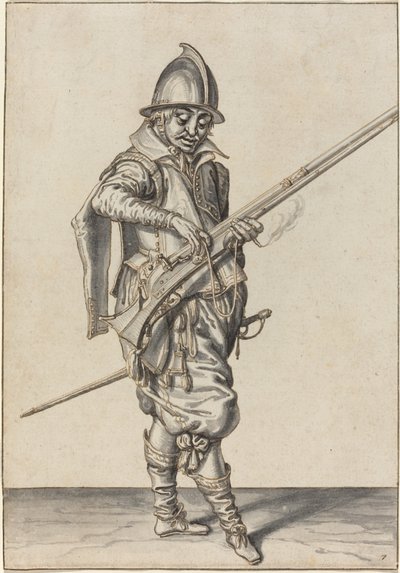 Elegant klädd soldat förbereder sig för att avfyra sin kalver av Jacques de Gheyn II