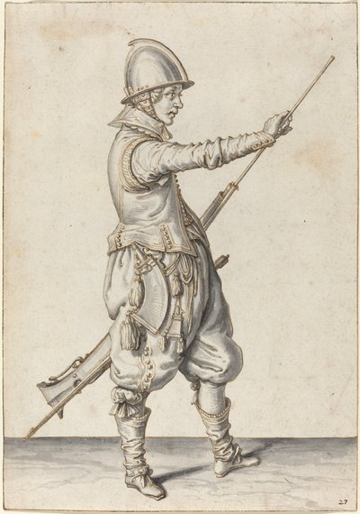 Elegant klädd soldat som stampar på sin kaliver av Jacques de Gheyn II