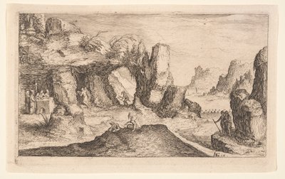 Landskap med grotta och eremiter, från Landskap av Jacques de Gheyn II