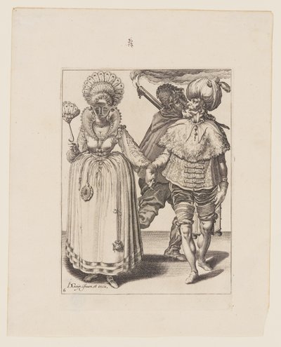 Man med turban leder en kvinna som bär påfågelfjädrar, bakom dem en fackelbärare, ur Maskeraderna av Jacques de Gheyn II