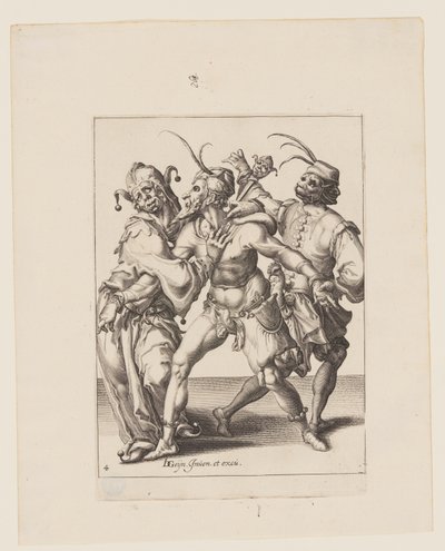 Tre dansande mumier inklusive en gycklare, från Maskeraderna av Jacques de Gheyn II