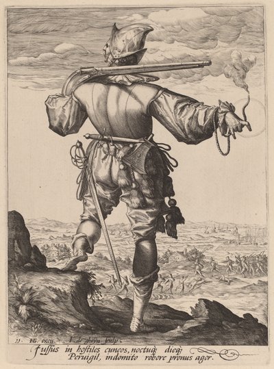 Musketör med hjälm av Jacques de Gheyn II after Hendrik Goltzius