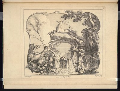 Design för Cartouche Forming a Bridge (horisontell) av Jacques de Lajoüe
