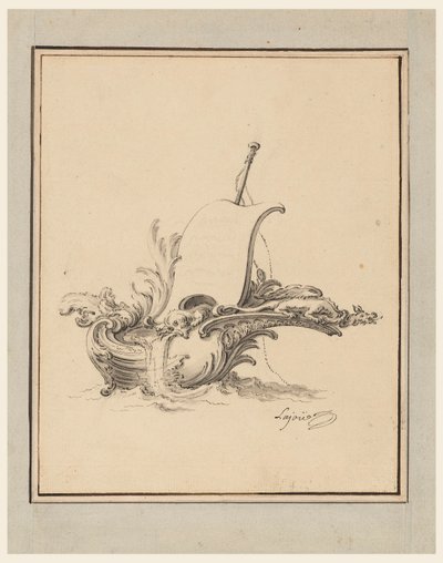 Ritning, Design för ett nyckelskylt i form av en båt med segel, till Recueil Nouveau de Differens Cartouches, 1734 av Jacques de Lajoüe
