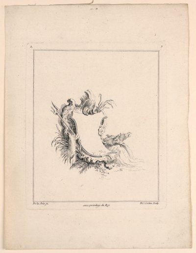 Escutcheon, från "Recueil Nouveau de Differens Cartouche" av Jacques de Lajoüe