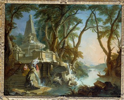 Landskap komponerar eller "" floden"" Pyramidformad fontän med staty av Neptunus trasig. Målning av Jacques de Lajoue (1686-1761) 1700-talets sön. 0,81 x 1,01 m av Jacques de Lajoüe
