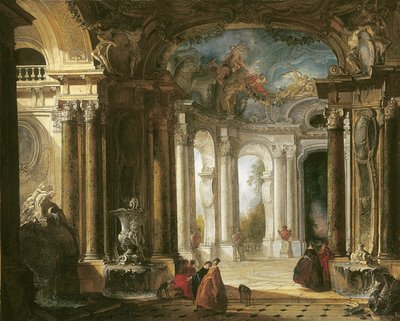 Interiören i ett barockpalats med elegant sällskap som samtalar vid fontäner av Jacques de Lajoüe