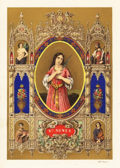 Porträtt av Saint Agnes of Rome, jungfru martyr, med gloria och palmblad inom dekorativ kant av Jacquet Jacquet