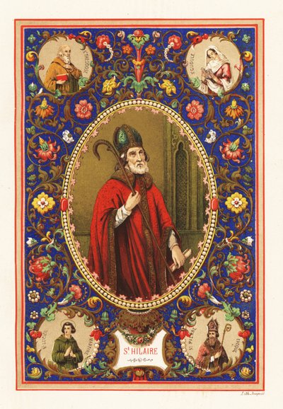 Porträtt av Saint Hilary, biskop av Poitiers, med miter och krok, inom dekorativ kant av lövverk av Jacquet Jacquet