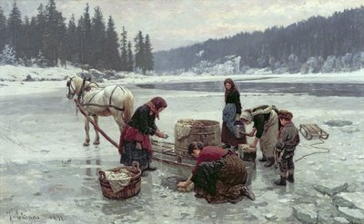 Kvinnor som tvättar genom ett hål i isen av Jahn Ekenaes