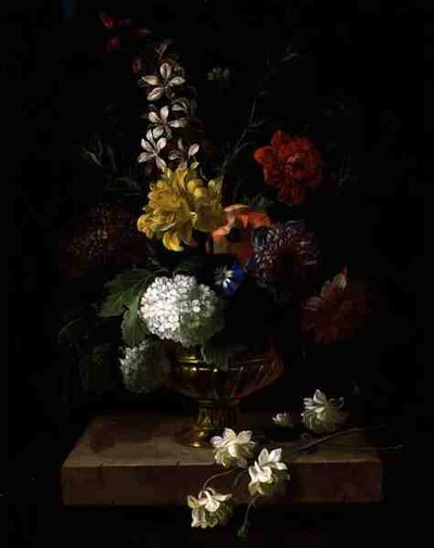 Stilleben av blommor i en urna (olja på panel) av Jakob Bogdani or Bogdany