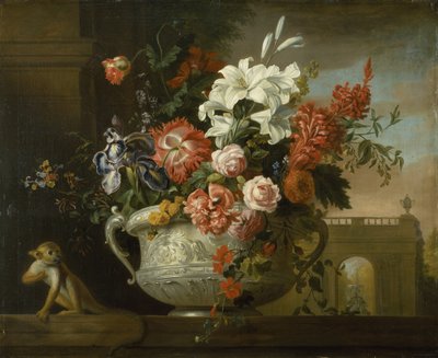 Stilleben med blommor i en urna, med en apa, på en avsats, ca 1699 (olja på duk) av Jakob Bogdani or Bogdany