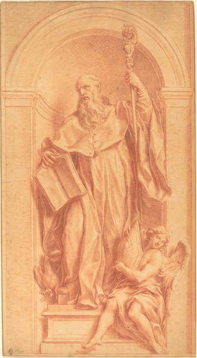 En skulptur av Saint Benedict i en nisch av Jakob Frey