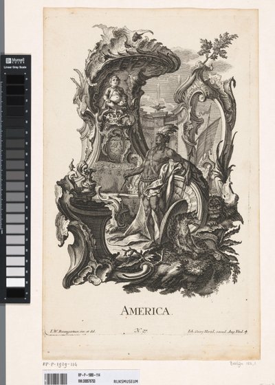 Rocaille med personifieringen av kontinenten Amerika Amerika (titel på objekt) De fyra kontinenterna (serietitel) av Jakob Gottlieb Thelott