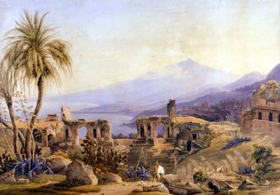 Taormina på Sicilien: ruinerna och Etna. Målning av Jacob Suter, ca 1850. av Jakob Suter