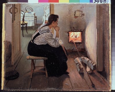 ""Tankar vid kaminen"" (Tankar vid kaminen) En ung kvinna som sitter fundersam framför brasan. Målning av Jakov Kalinichenko (1869-1938) 1897 State Regional I. Pozhalostin Art Museum, Ryasan av Jakoff Jakovlevitch Kalinitchenko