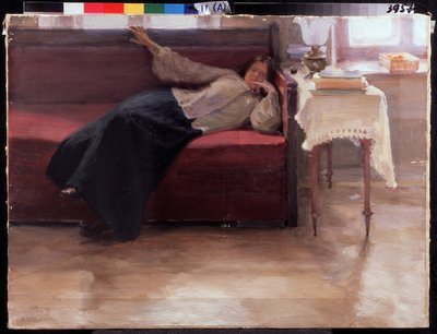 ""Drömmar"" eftertänksam ung flicka liggande på en soffa. Målning av Jakov Kalinichenko (1869-1938) 1904 State Regional I. Pozhalostin Art Museum, Ryasan av Jakoff Jakovlevitch Kalinitchenko