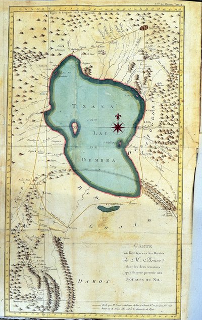 Karta över området kring sjön Tzana eller Dembeasjön (M. Bruce rutter i sina två försök att nå Nilens källor) - i "Journey to Nubia and Abyssinia undertaken to discover the sources of the Nile during the years 1768 to 1772", av James Bruce, vo av James Bruce