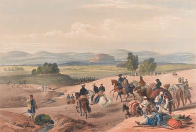The Approach to the Fortress of Kwettah [sic], c.1839 (litografi, tonad) av James (after) Atkinson