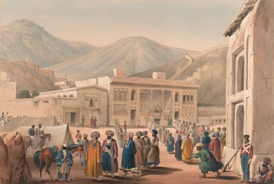 The Durbar-Khaneh of Shah Shoojah-ool-Moolk, vid Cabaul [sic], ca 1840 (litografi, tonad) av James (after) Atkinson