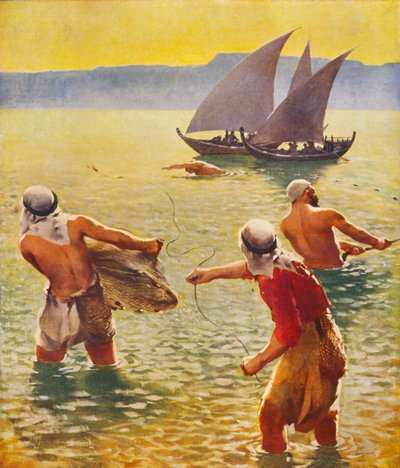 Det heliga landet: Fiske i Galileiska sjön (färglitografi) av James (after) Clark